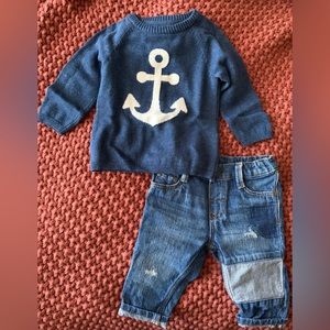 H&M kids knit anchor sweater and patchwork distressed jeans